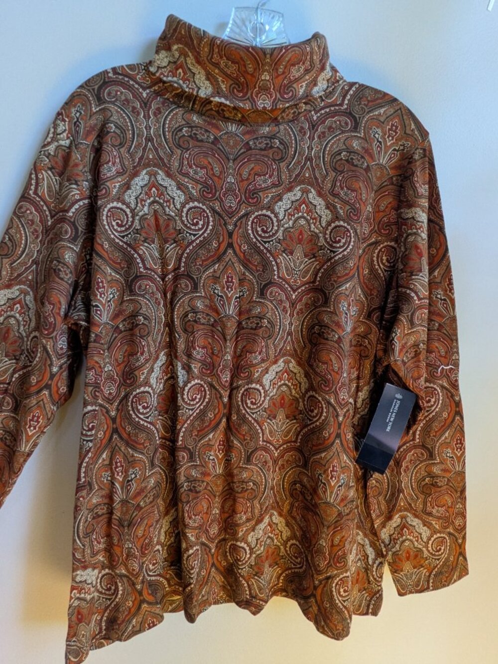 NWT Jones New York 1X woman brown paisley turtleneck long sleeve shirt #760